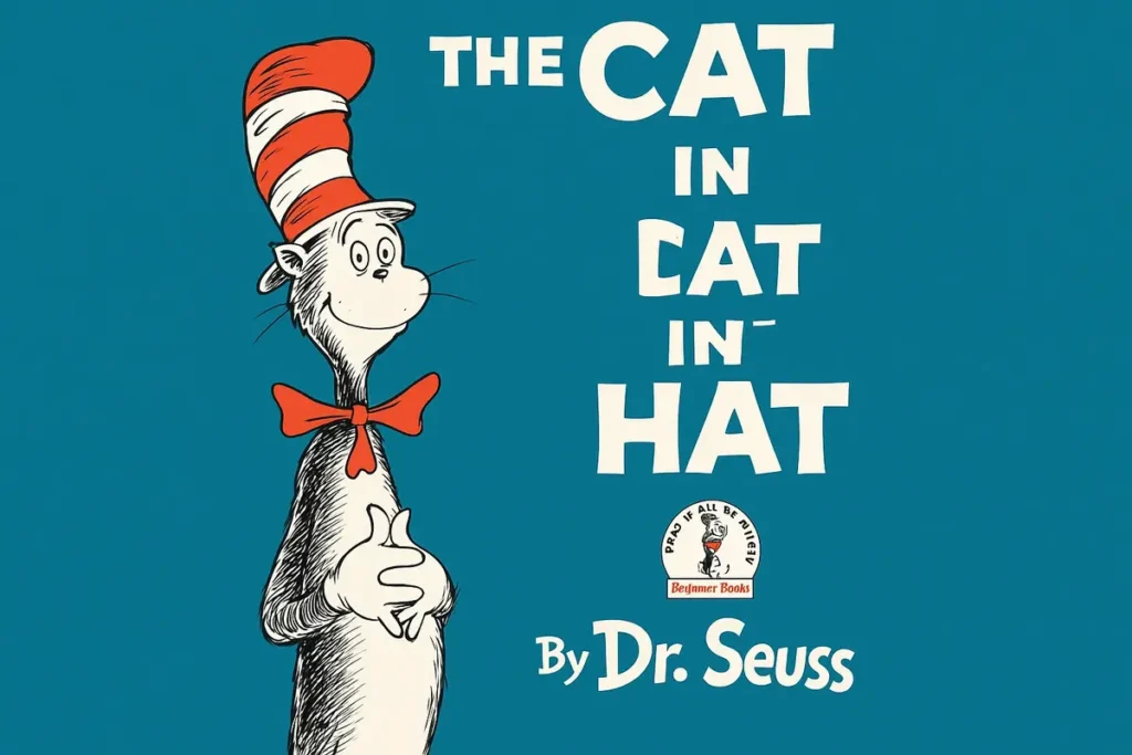 Book cover of The Cat in the Hat by Dr. Seuss featuring the Cat character in a red and white hat