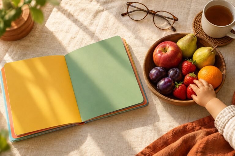 Open children's board book next to a bowl of apple, pears, plums, strawberries and an orange, with a toddler's hand reaching for the fruit